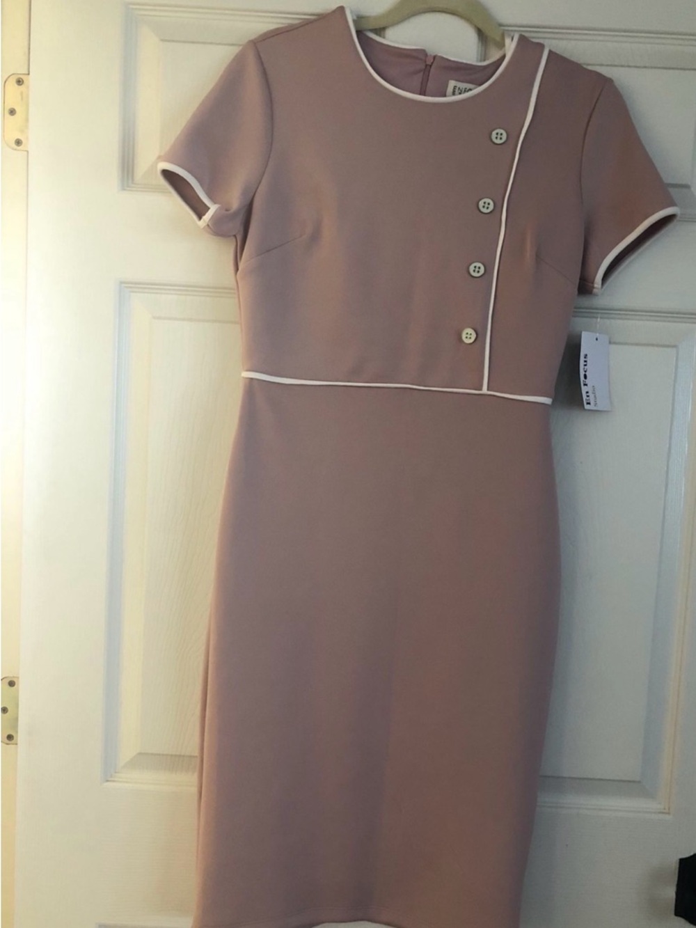 Enfocus Studio Dusty Pink Midi Sheath Dress with White Piping